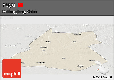 Shaded Relief Panoramic Map of Fuyu, lighten, semi-desaturated