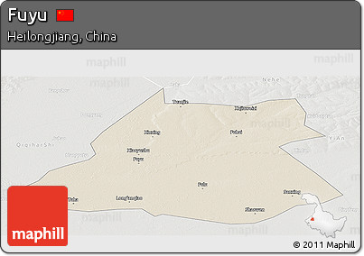Shaded Relief Panoramic Map of Fuyu, lighten, semi-desaturated