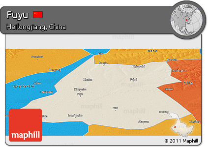 Shaded Relief Panoramic Map of Fuyu, political outside