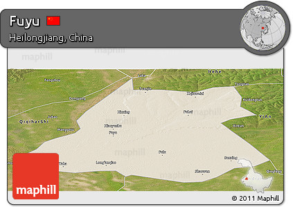 Shaded Relief Panoramic Map of Fuyu, satellite outside