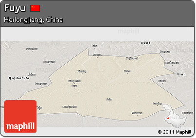 Shaded Relief Panoramic Map of Fuyu, semi-desaturated