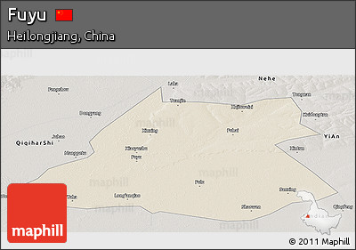 Shaded Relief Panoramic Map of Fuyu, semi-desaturated