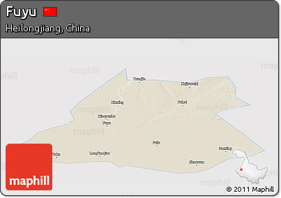 Shaded Relief Panoramic Map of Fuyu, single color outside