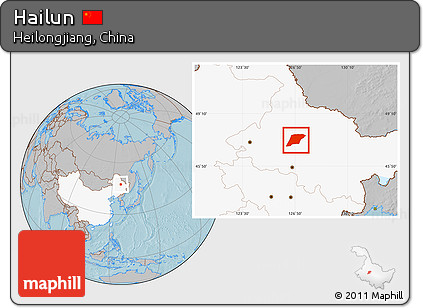 Gray Location Map of Hailun, highlighted country, hill shading