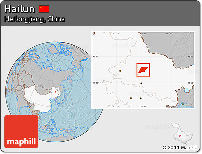Gray Location Map of Hailun, highlighted country, hill shading