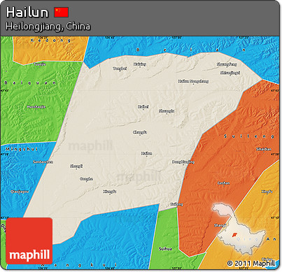 Shaded Relief Map of Hailun, political outside