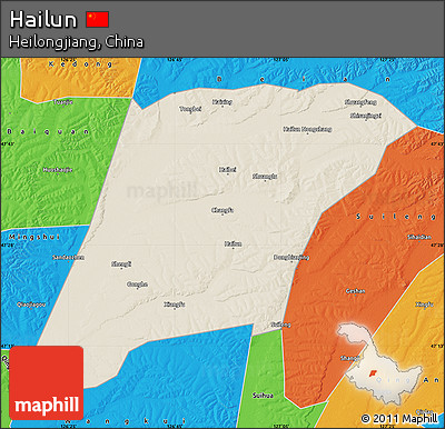 Shaded Relief Map of Hailun, political outside