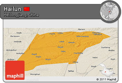 Political Panoramic Map of Hailun, shaded relief outside