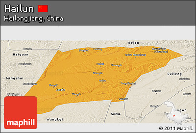 Political Panoramic Map of Hailun, shaded relief outside
