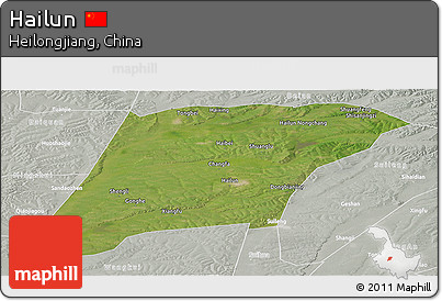 Satellite Panoramic Map of Hailun, lighten, semi-desaturated