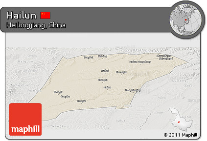 Shaded Relief Panoramic Map of Hailun, lighten, semi-desaturated