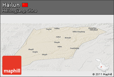Shaded Relief Panoramic Map of Hailun, lighten, semi-desaturated