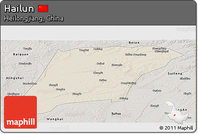 Shaded Relief Panoramic Map of Hailun, semi-desaturated