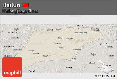 Shaded Relief Panoramic Map of Hailun, semi-desaturated