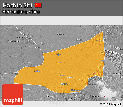 Political 3D Map of Harbin Shi, desaturated