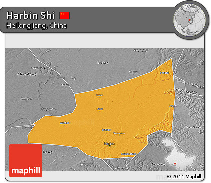 Political 3D Map of Harbin Shi, desaturated
