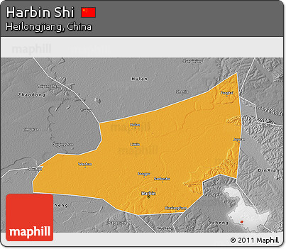 Political 3D Map of Harbin Shi, desaturated