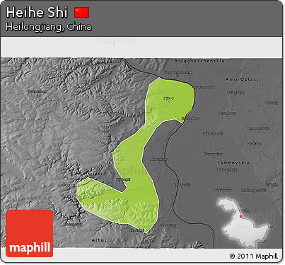 Physical 3D Map of Heihe Shi, darken, desaturated