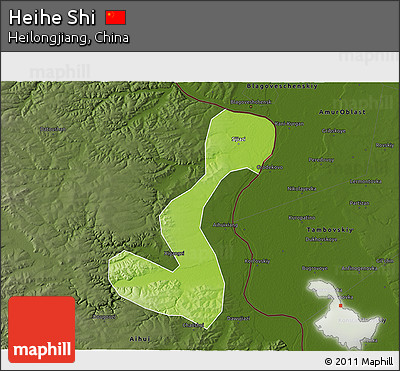 Physical 3D Map of Heihe Shi, darken