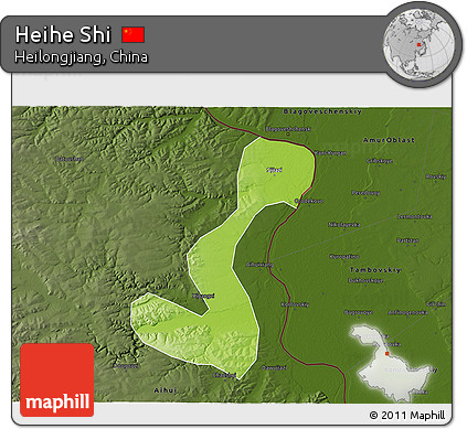 Physical 3D Map of Heihe Shi, darken