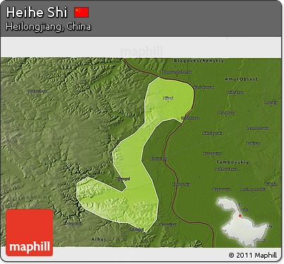 Physical 3D Map of Heihe Shi, darken