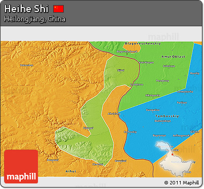 Physical 3D Map of Heihe Shi, political outside