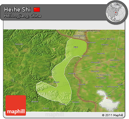 Physical 3D Map of Heihe Shi, satellite outside