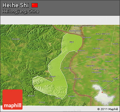 Physical 3D Map of Heihe Shi, satellite outside