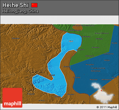 Political 3D Map of Heihe Shi, darken