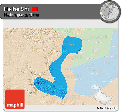 Political 3D Map of Heihe Shi, lighten