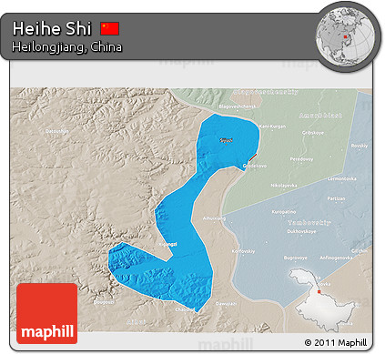 Political 3D Map of Heihe Shi, lighten, semi-desaturated