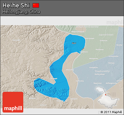 Political 3D Map of Heihe Shi, lighten, semi-desaturated