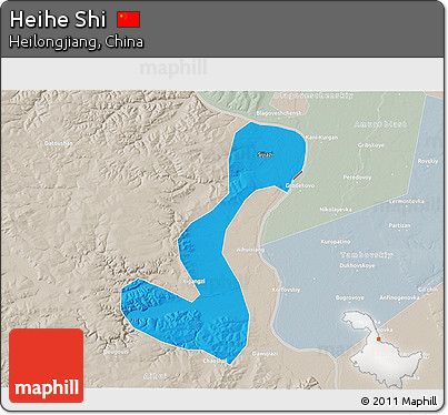 Political 3D Map of Heihe Shi, lighten, semi-desaturated