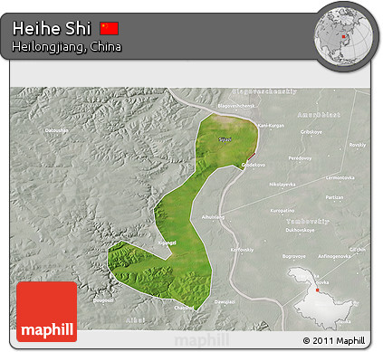 Satellite 3D Map of Heihe Shi, lighten, semi-desaturated