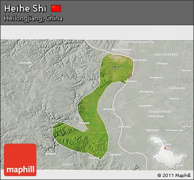 Satellite 3D Map of Heihe Shi, lighten, semi-desaturated