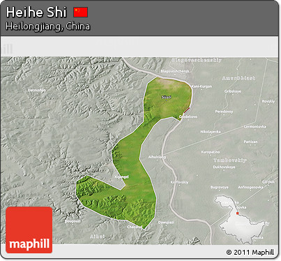 Satellite 3D Map of Heihe Shi, lighten, semi-desaturated