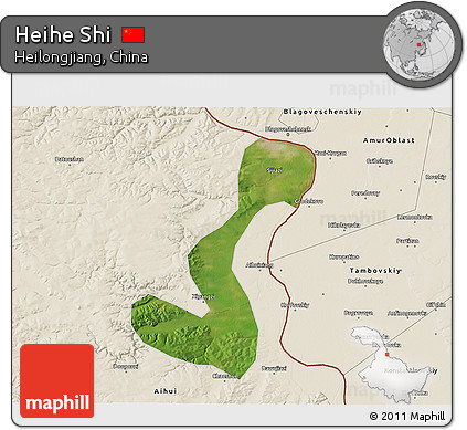 Satellite 3D Map of Heihe Shi, shaded relief outside