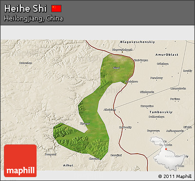 Satellite 3D Map of Heihe Shi, shaded relief outside
