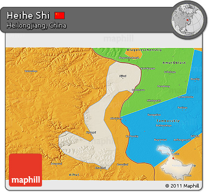 Shaded Relief 3D Map of Heihe Shi, political outside