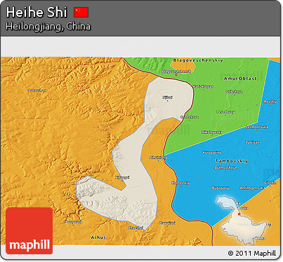 Shaded Relief 3D Map of Heihe Shi, political outside