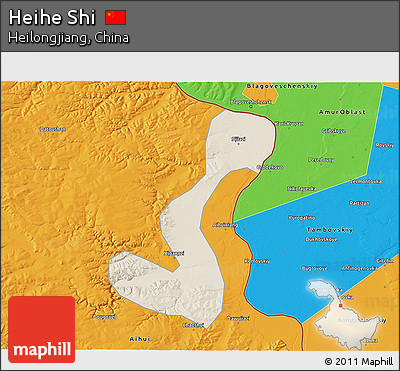Shaded Relief 3D Map of Heihe Shi, political outside