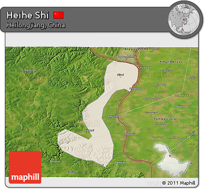 Shaded Relief 3D Map of Heihe Shi, satellite outside