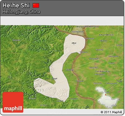Shaded Relief 3D Map of Heihe Shi, satellite outside
