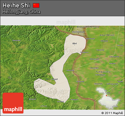 Shaded Relief 3D Map of Heihe Shi, satellite outside