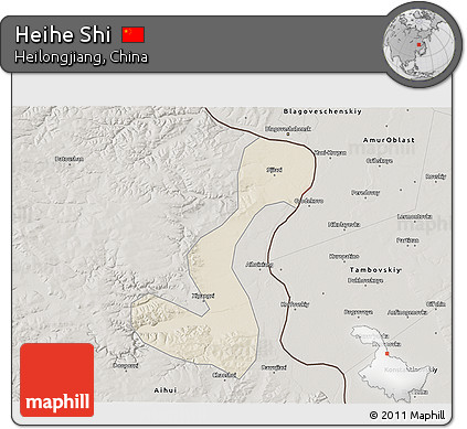 Shaded Relief 3D Map of Heihe Shi, semi-desaturated
