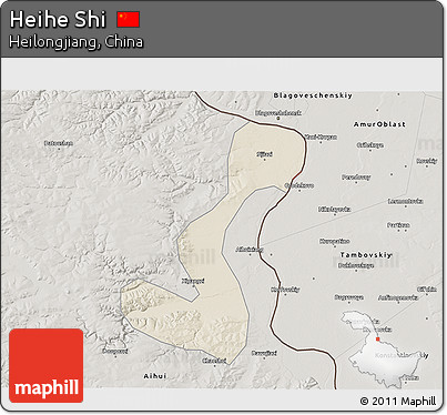 Shaded Relief 3D Map of Heihe Shi, semi-desaturated
