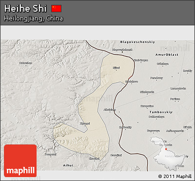 Shaded Relief 3D Map of Heihe Shi, semi-desaturated