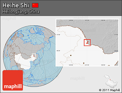 Gray Location Map of Heihe Shi, highlighted country, hill shading