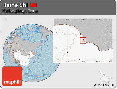Gray Location Map of Heihe Shi, highlighted country, hill shading
