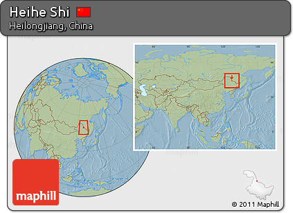 Savanna Style Location Map of Heihe Shi, within the entire country, hill shading